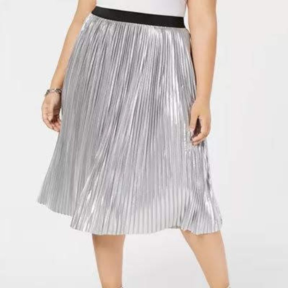 NWT INC Metallic Pleated Silver Midi Skirt Size 2X
